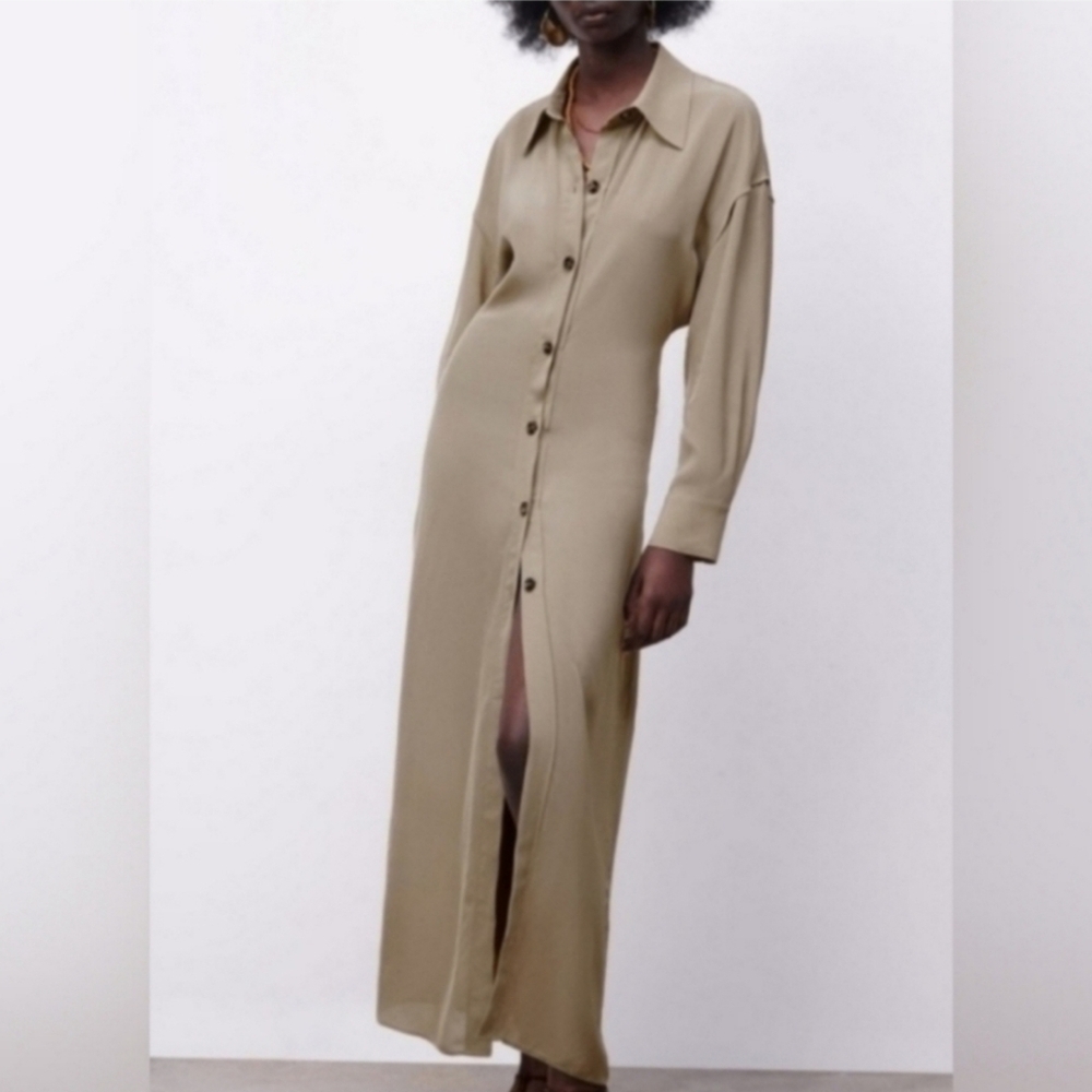 Nwt Zara Tan Long Elegant Long Sleeve Button Up Dress Small